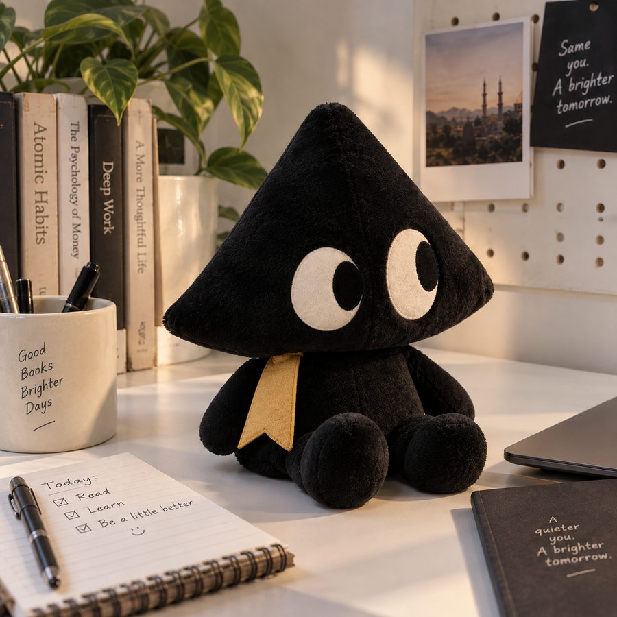 Inky plushie sitting on a desk beside books and a plant