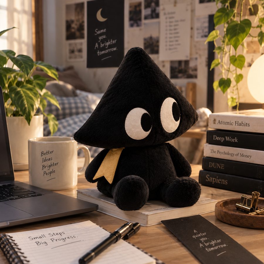 Inky plushie on a wooden desk with a laptop and stacked books