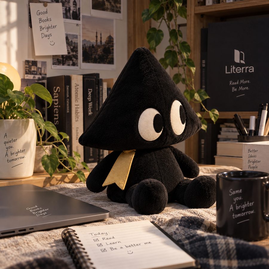 Inky plushie in front of a Literra branded box on a shelf