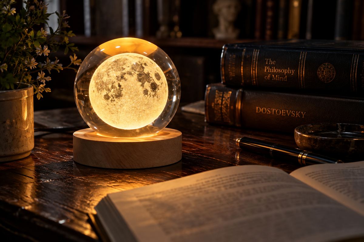 Glowing moon lamp on a wooden desk beside classic books