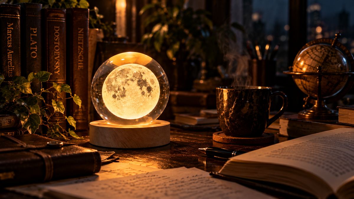 Glowing moon lamp in a warm reading room with books and a coffee cup