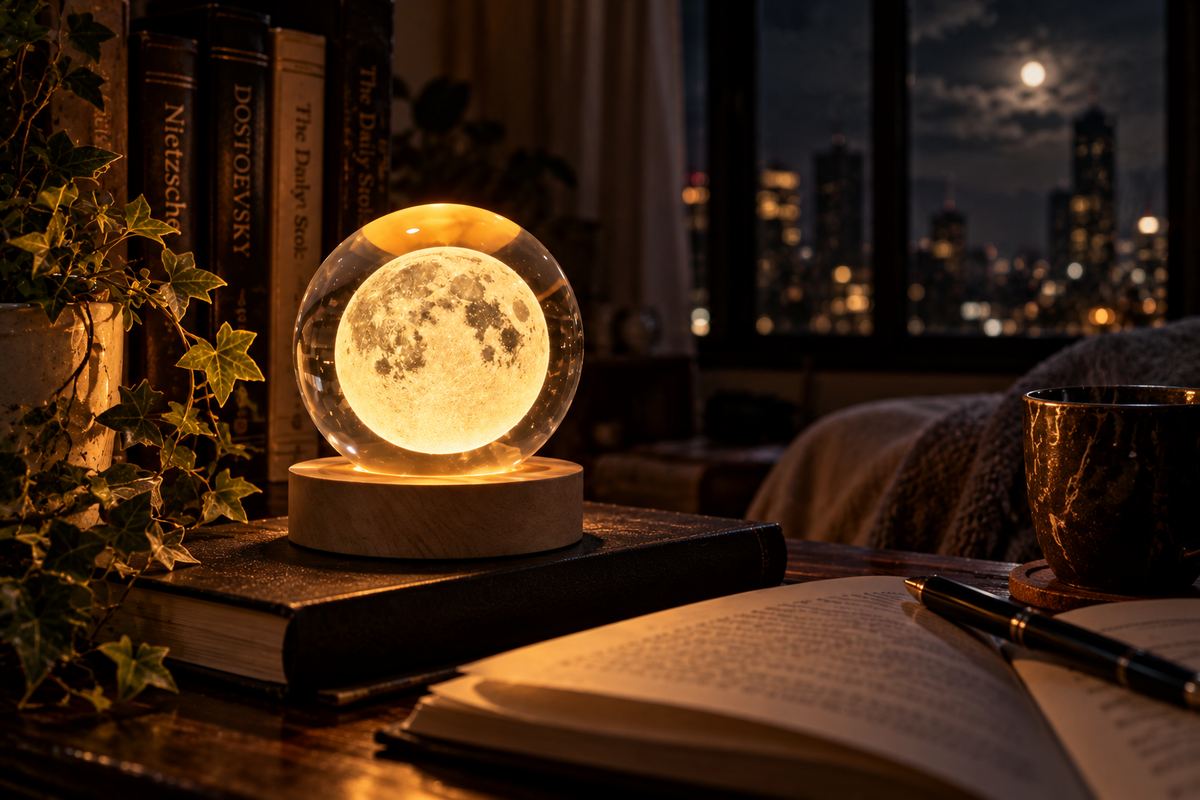 Glowing moon lamp beside books with a city night view